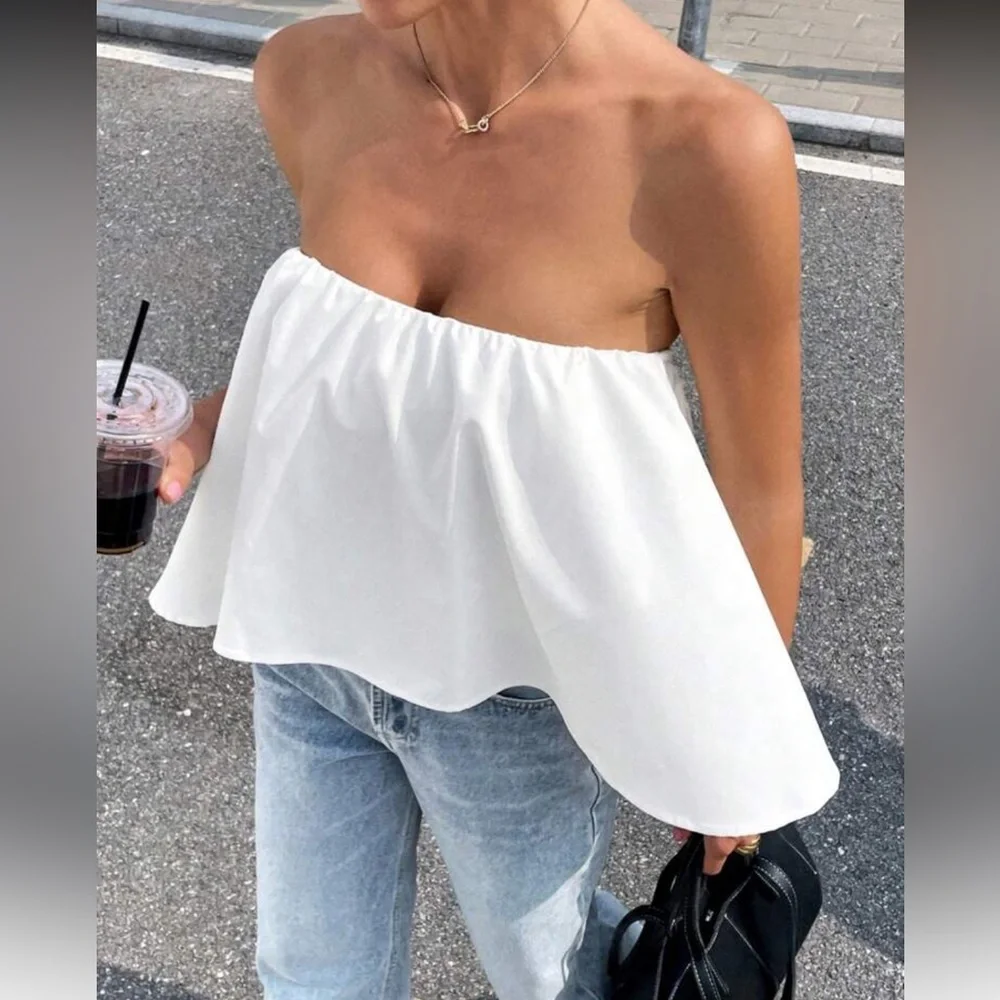 White Strapless Flowy Top_3